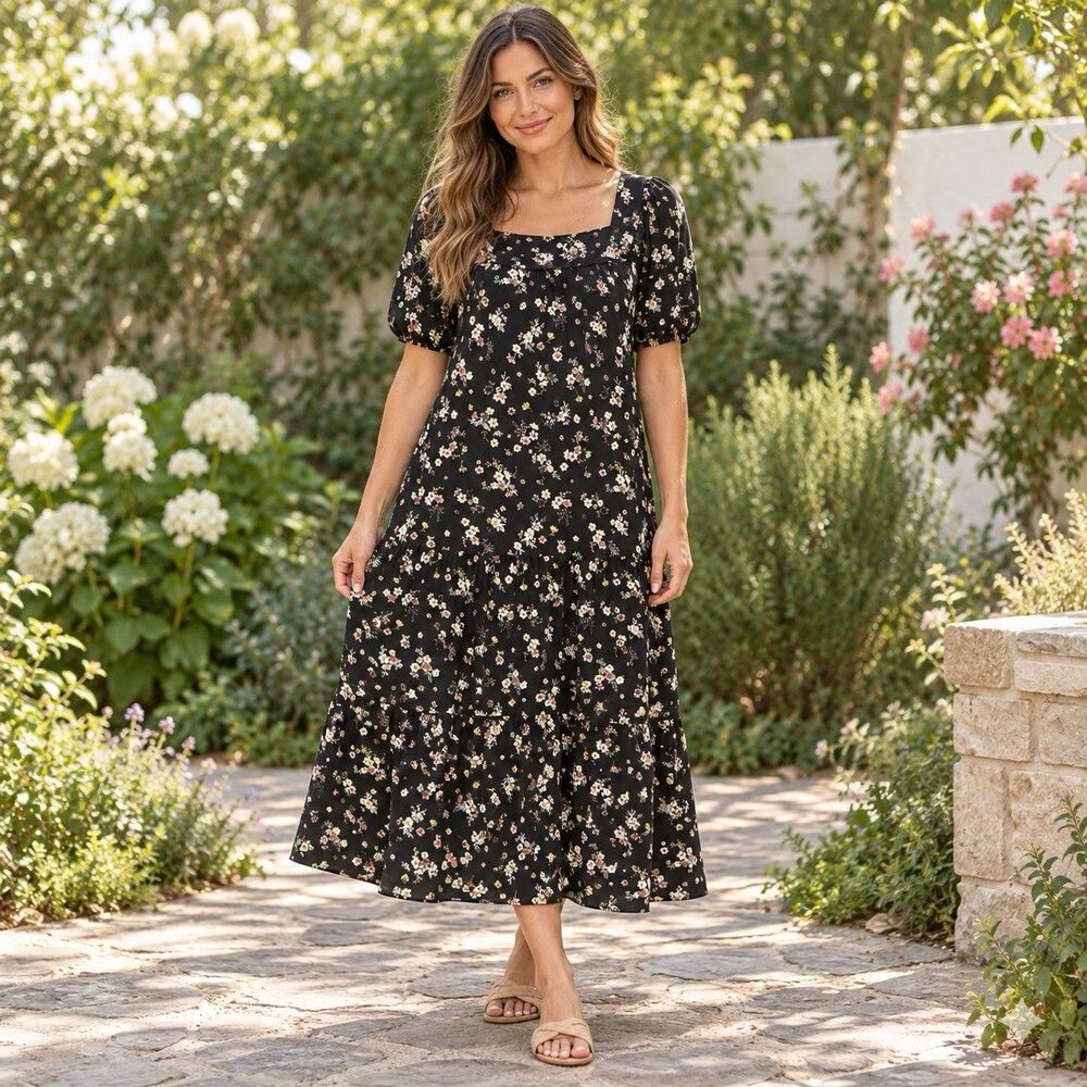 Black Floral Midi Dress Size L Puff Sleeve Square Neck Cottagecore Tie Back Boho
